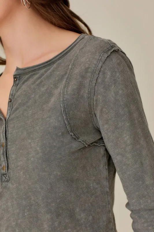 BUTTON UP FRONT RAW EDGE  HENLEY (Various Colors), Mustard Seed