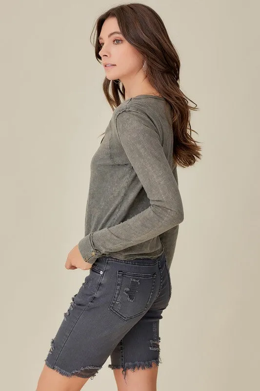 BUTTON UP FRONT RAW EDGE  HENLEY (Various Colors), Mustard Seed