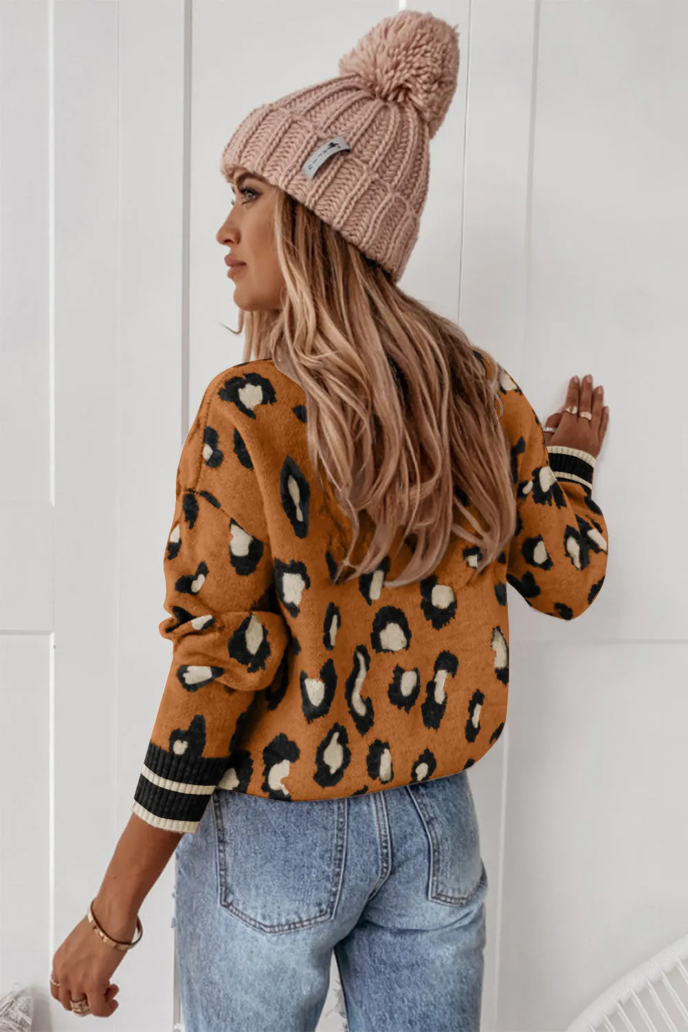 Camel Two-tone Ribbed Trim Contrast Leopard Sweater