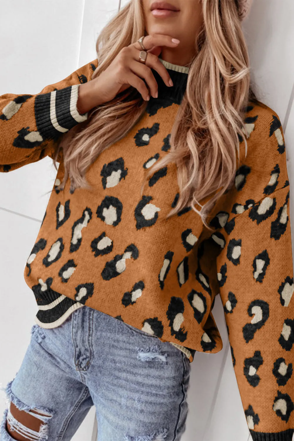 Camel Two-tone Ribbed Trim Contrast Leopard Sweater