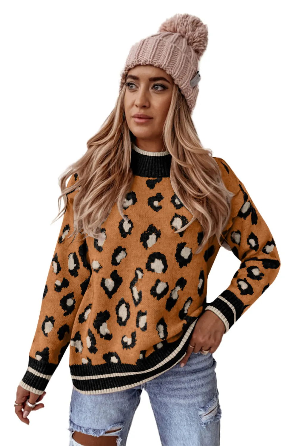 Camel Two-tone Ribbed Trim Contrast Leopard Sweater