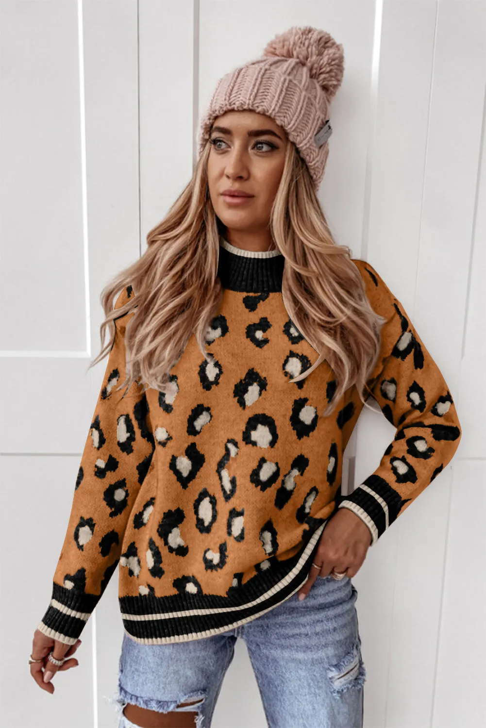 Camel Two-tone Ribbed Trim Contrast Leopard Sweater