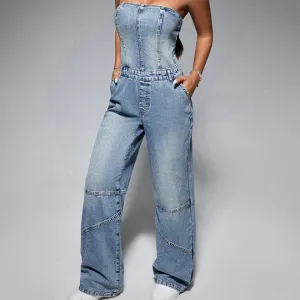 Camila - Schulterfreie Denim-Jumpsuits
