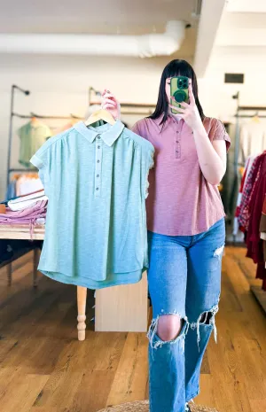 Casual Button Down Tee - Sage