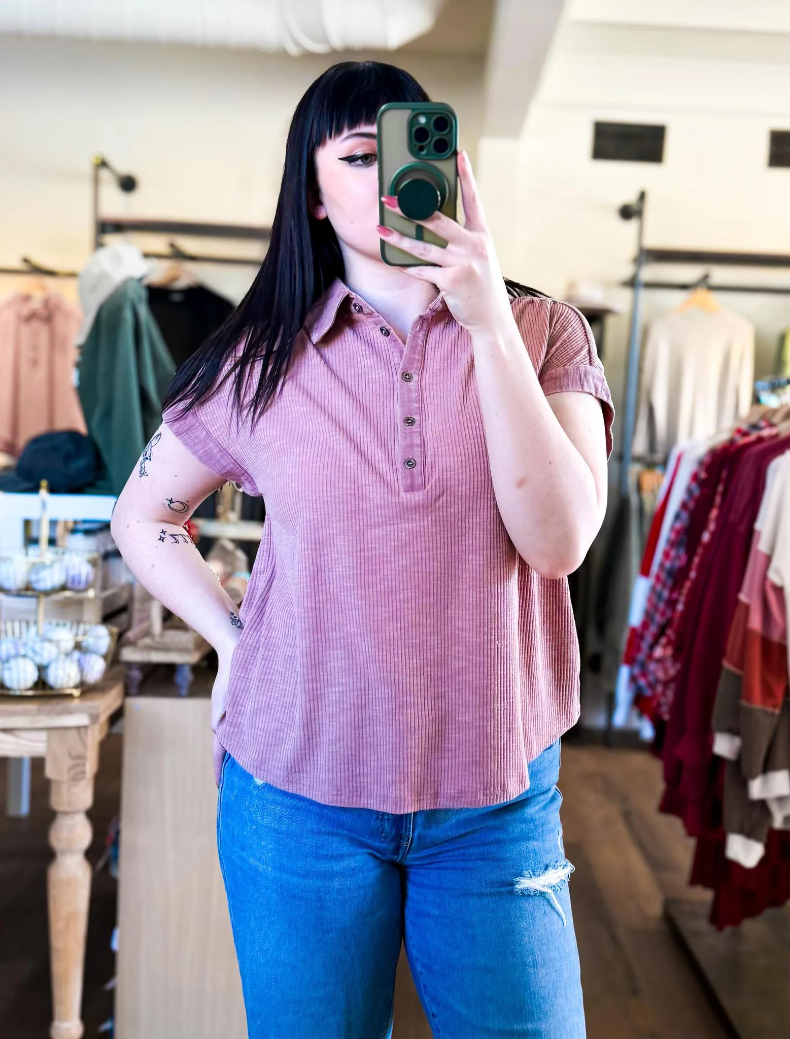 Casual Button Down Tee - Sage