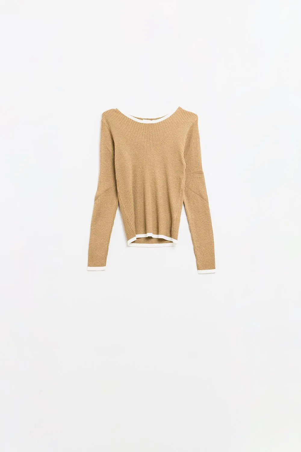 Casual camel Rib Swearer With white Trim detail