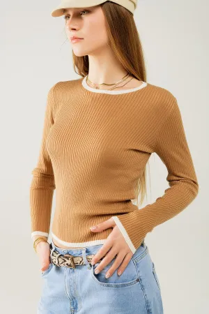 Casual camel Rib Swearer With white Trim detail