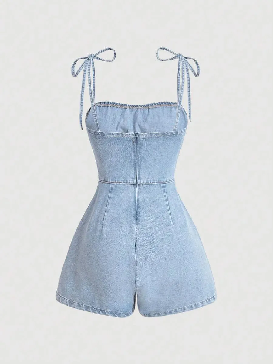 Casual Denim Cami – High Waist Ruched Bust – Classic Blue
