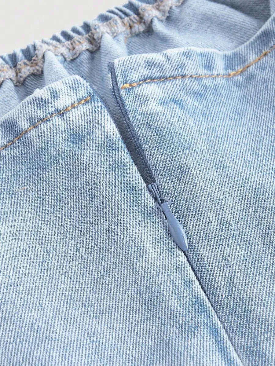 Casual Denim Cami – High Waist Ruched Bust – Classic Blue