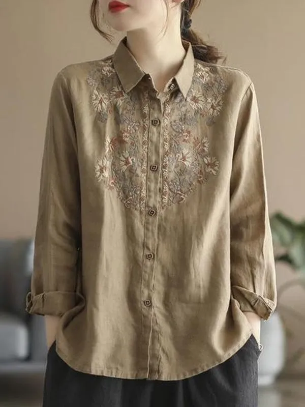 Casual Ethnic Floral Cotton Linen Blouses For Women Clothes