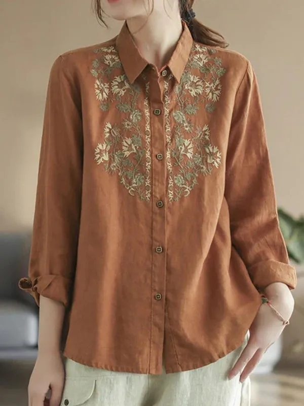 Casual Ethnic Floral Cotton Linen Blouses For Women Clothes