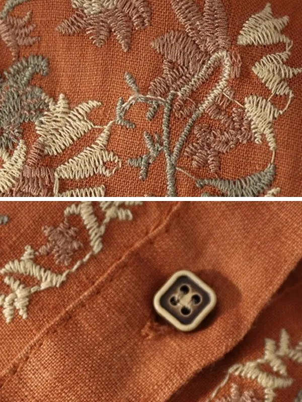 Casual Ethnic Floral Cotton Linen Blouses For Women Clothes