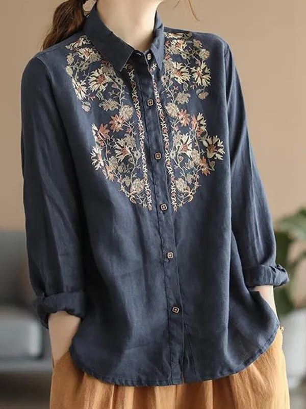 Casual Ethnic Floral Cotton Linen Blouses For Women Clothes