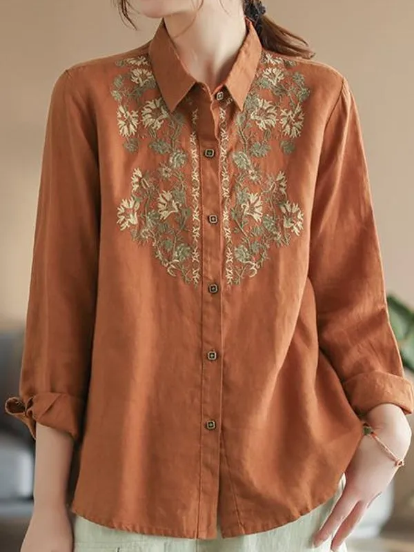 Casual Ethnic Floral Cotton Linen Blouses For Women Clothes