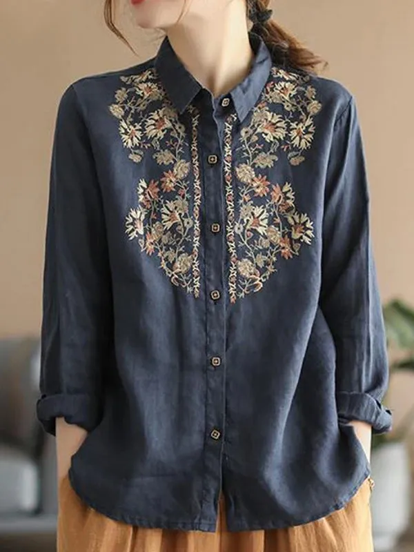 Casual Ethnic Floral Cotton Linen Blouses For Women Clothes