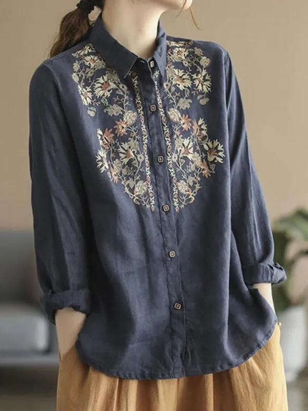 Casual Ethnic Floral Cotton Linen Blouses For Women Clothes
