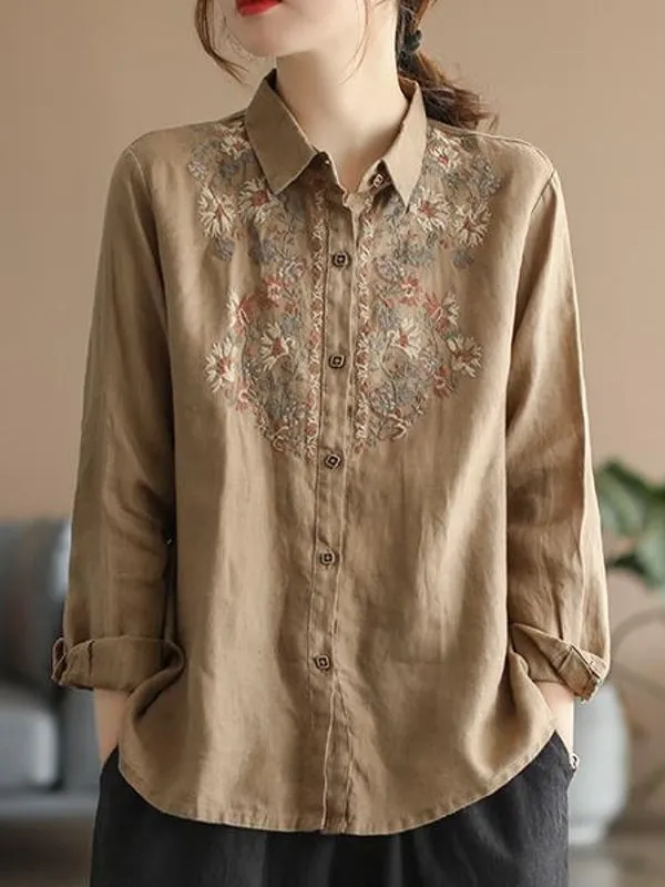 Casual Ethnic Floral Cotton Linen Blouses For Women Clothes