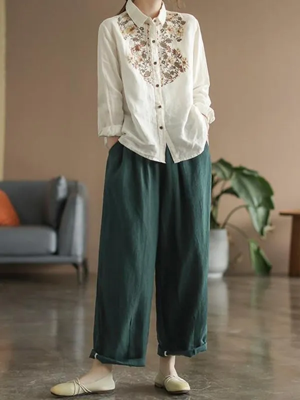 Casual Ethnic Floral Cotton Linen Blouses For Women Clothes