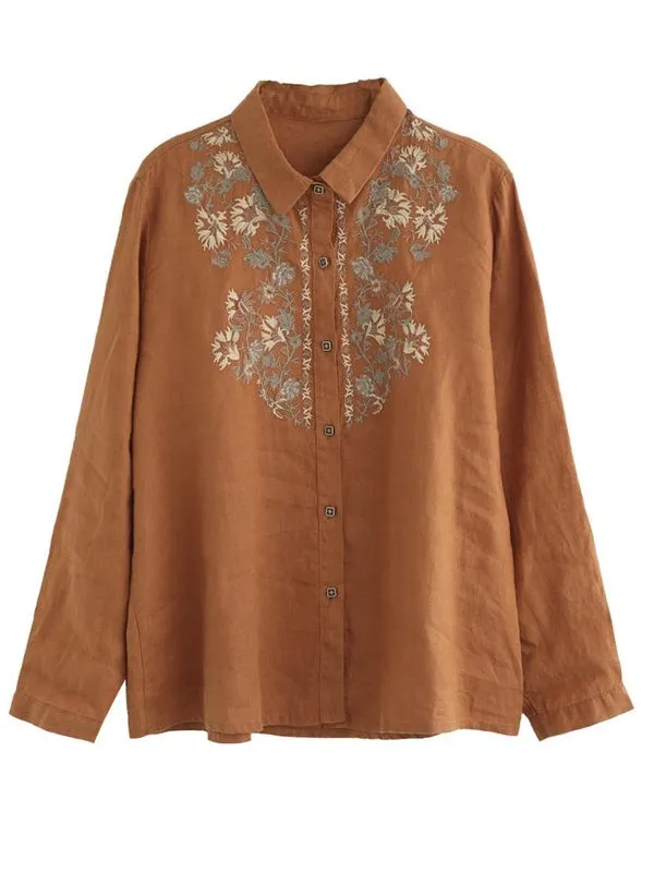 Casual Ethnic Floral Cotton Linen Blouses For Women Clothes