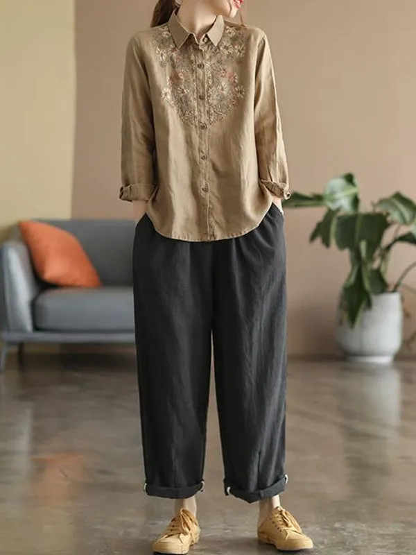 Casual Ethnic Floral Cotton Linen Blouses For Women Clothes
