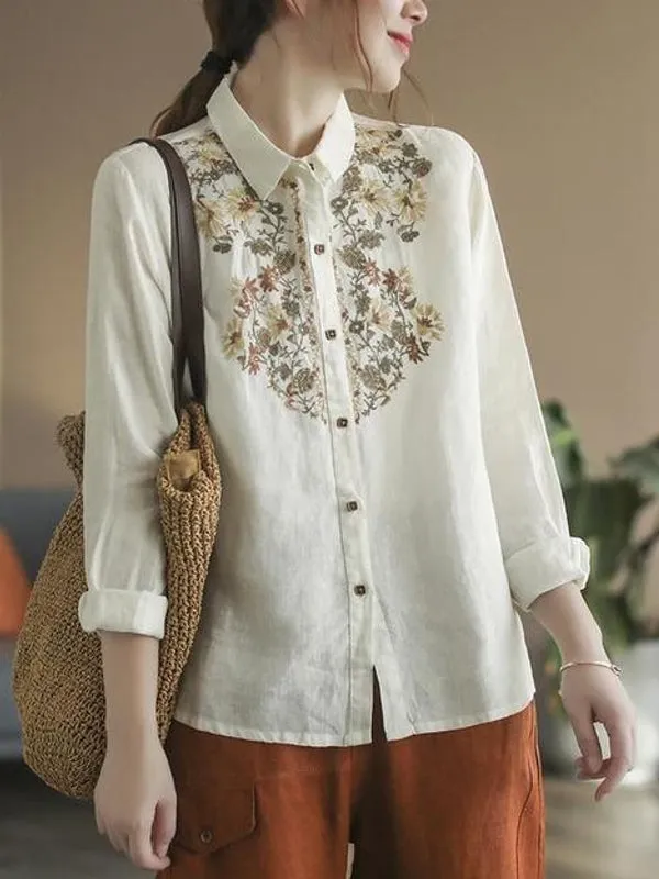 Casual Ethnic Floral Cotton Linen Blouses For Women Clothes