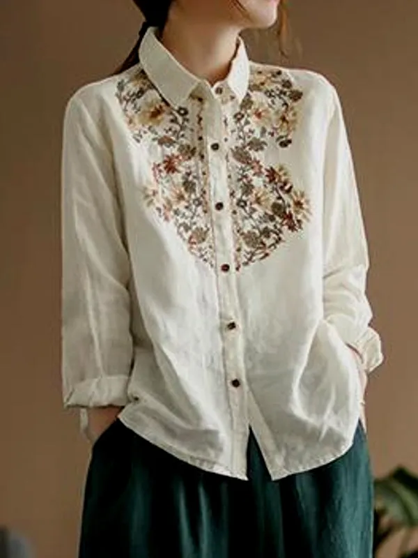 Casual Ethnic Floral Cotton Linen Blouses For Women Clothes