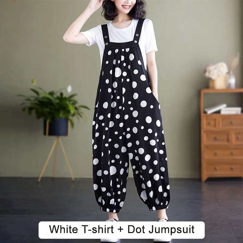 🔥Casual Loose Jumpsuit with Pockets & Solid Color T-Shirt Two-Piece Set