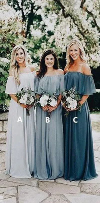 Cheap Long Chiffon Off the Shoulder Slate Mismatched Bridesmaid Dresses, MBD101