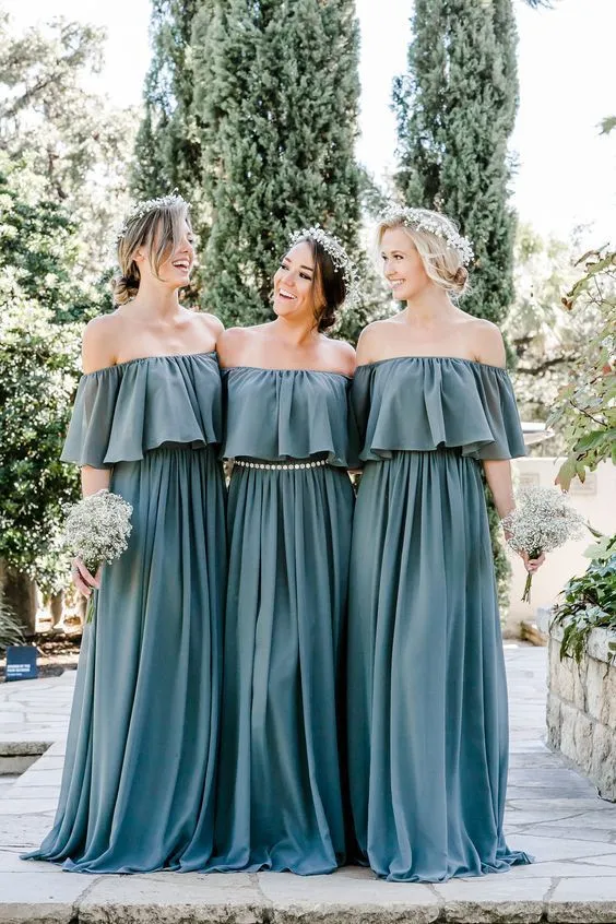 Cheap Long Chiffon Off the Shoulder Slate Mismatched Bridesmaid Dresses, MBD101