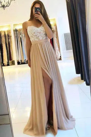 Cheap Spaghetti Straps Chiffon Appliques Prom Dress With Side Split,MP451