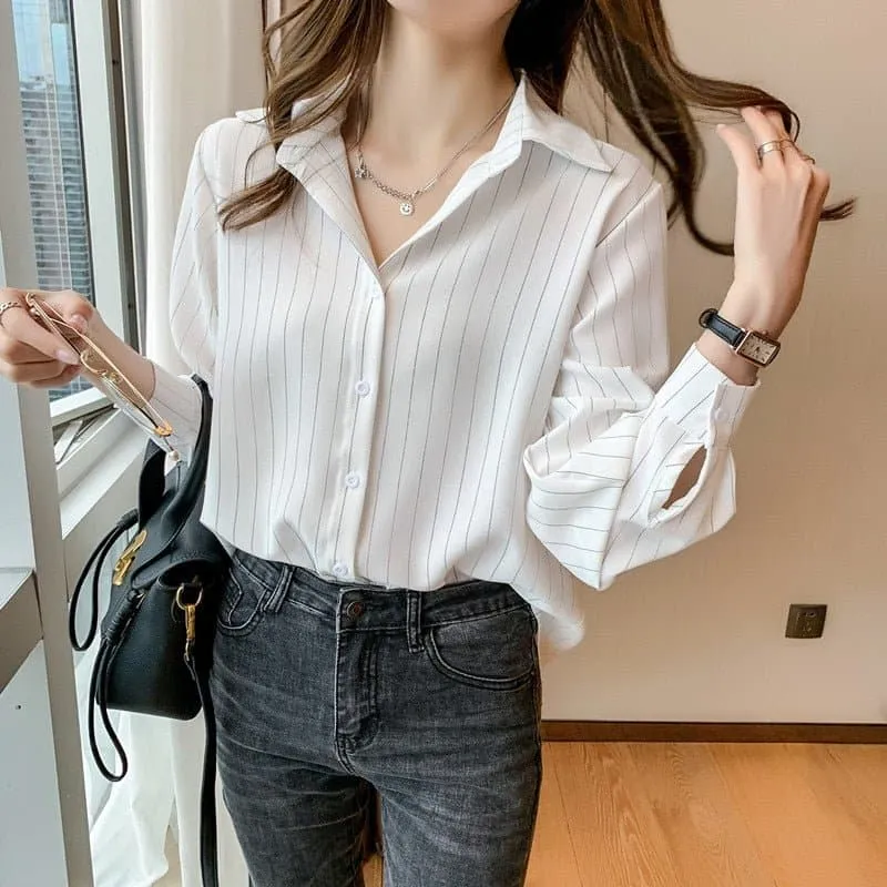 Chiffon Long Sleeve Striped Blouse for Women - Chic Office Lady Style, Autumn 2023 Fashion