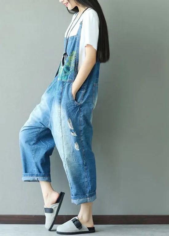 Classic print ripped denim blue jumpsuit spring