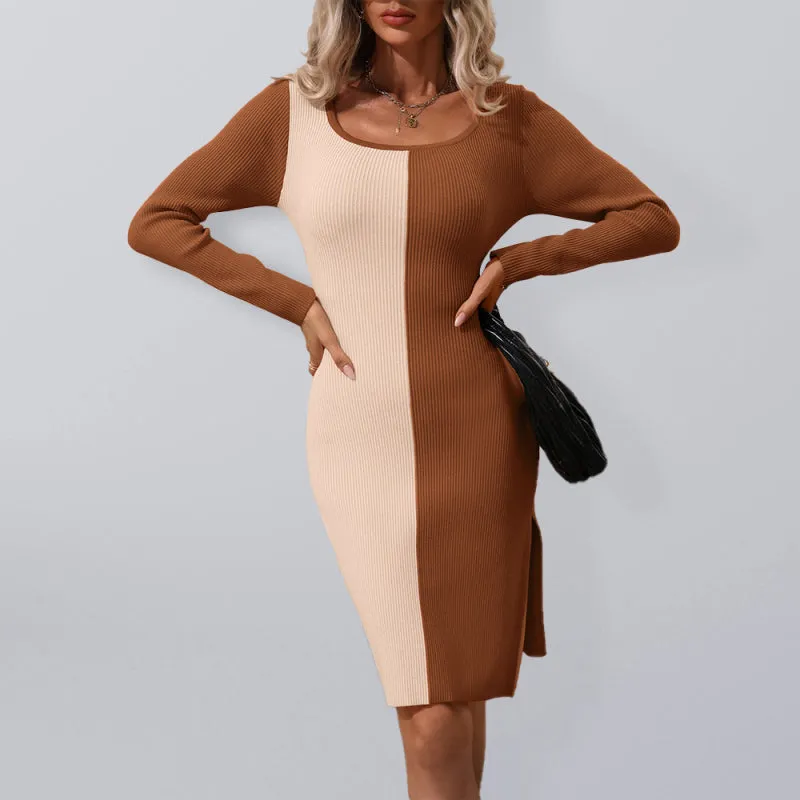 Colorblock Knit Shift Dress with Ribbed Texture