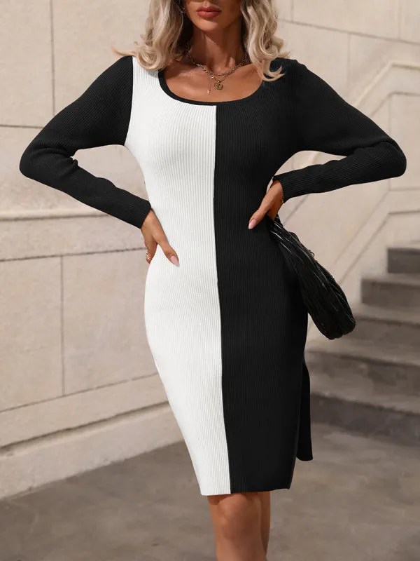 Colorblock Knit Shift Dress with Ribbed Texture