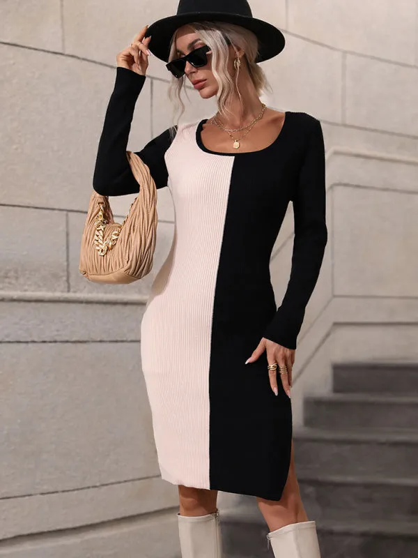 Colorblock Knit Shift Dress with Ribbed Texture
