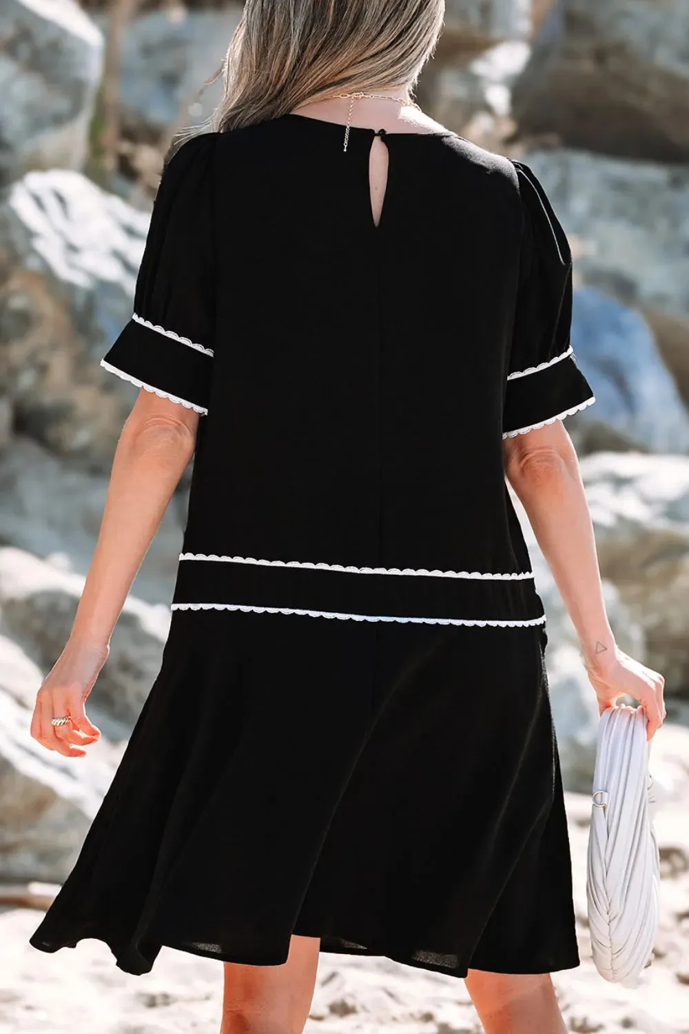 Contrast Scallop Trim Bow Detail Short Sleeve Shift Dress