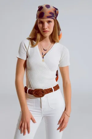 Cream t-shirt with crossed front and V-neck