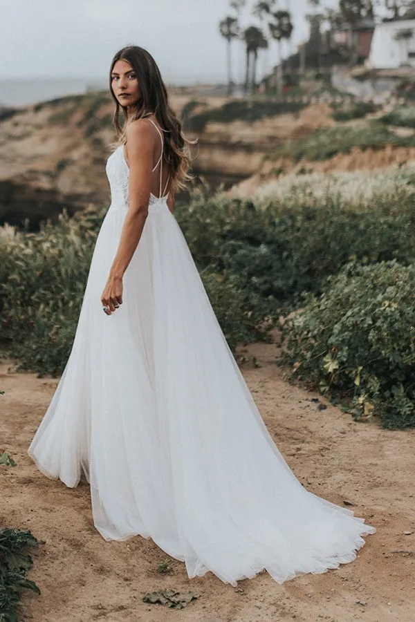 Criss-Cross Summer Lace Wedding Gown with Tulle Skirt