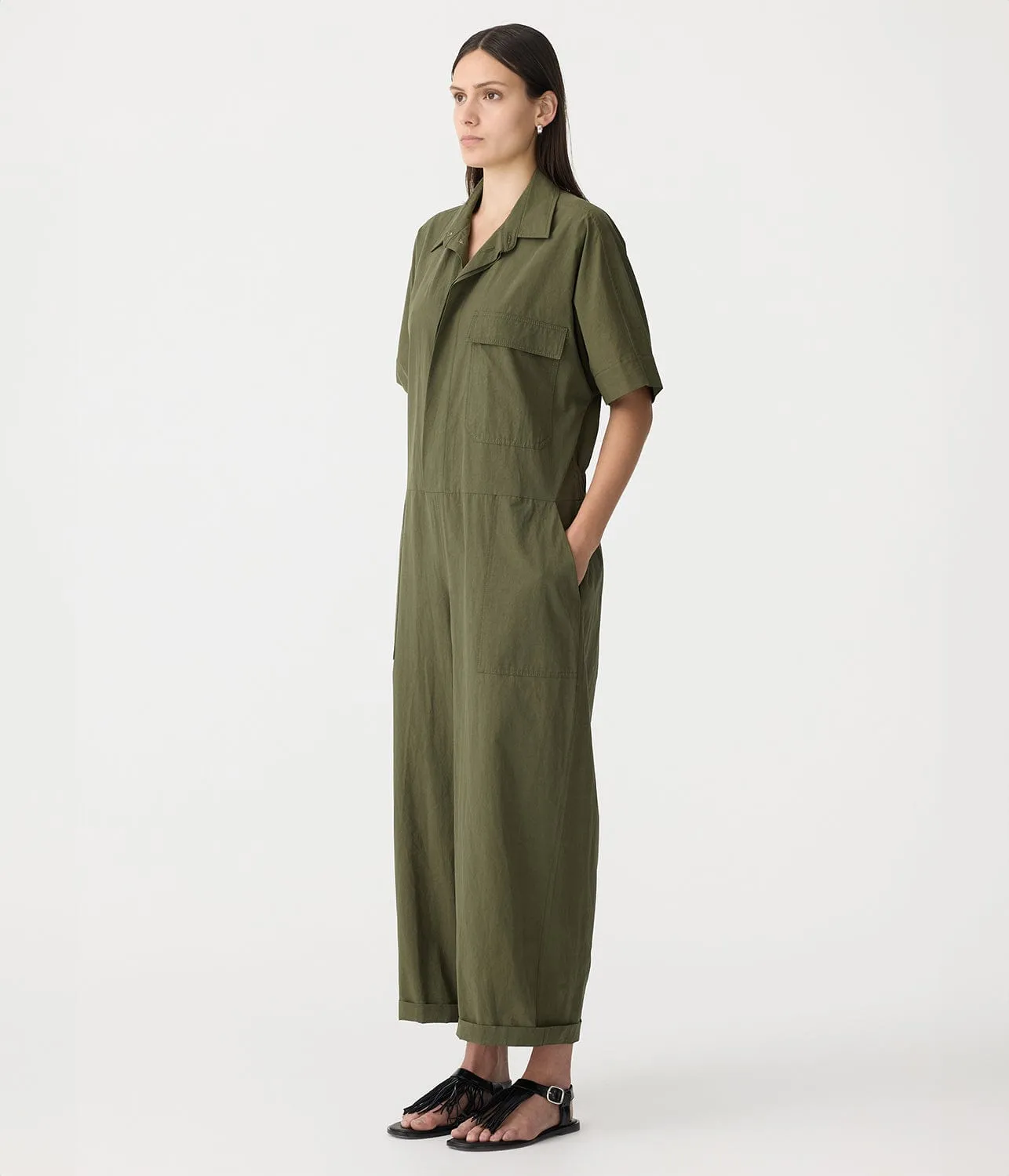 CRUSHED COTTON JUMPSUIT- KHAKI