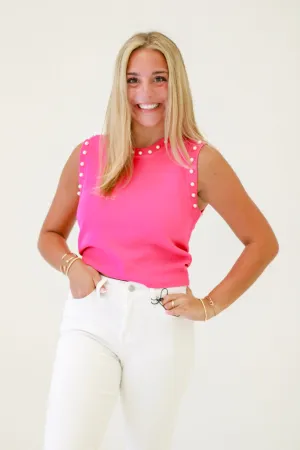 Cute Pearl Detail Sleeveless Top in Fuchsia