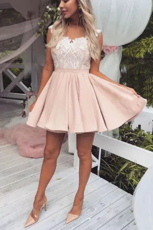 Cute Pink Lace Satin Above Knee Homecoming Dresses,MH474