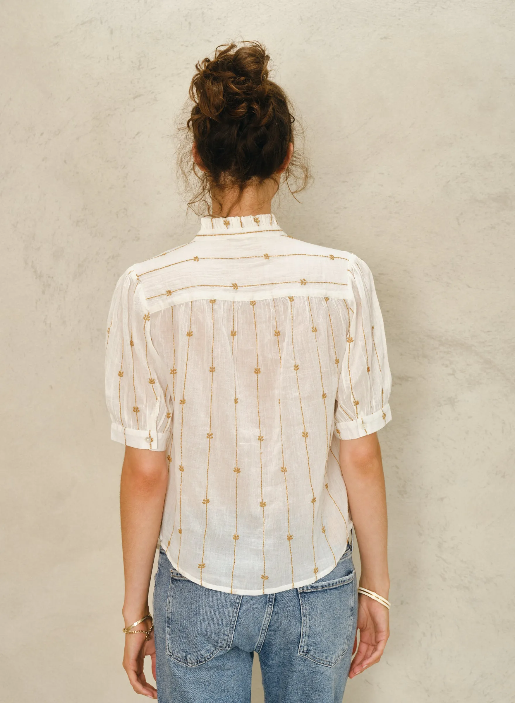 Dacy Emb Top - Ecru/Mustard