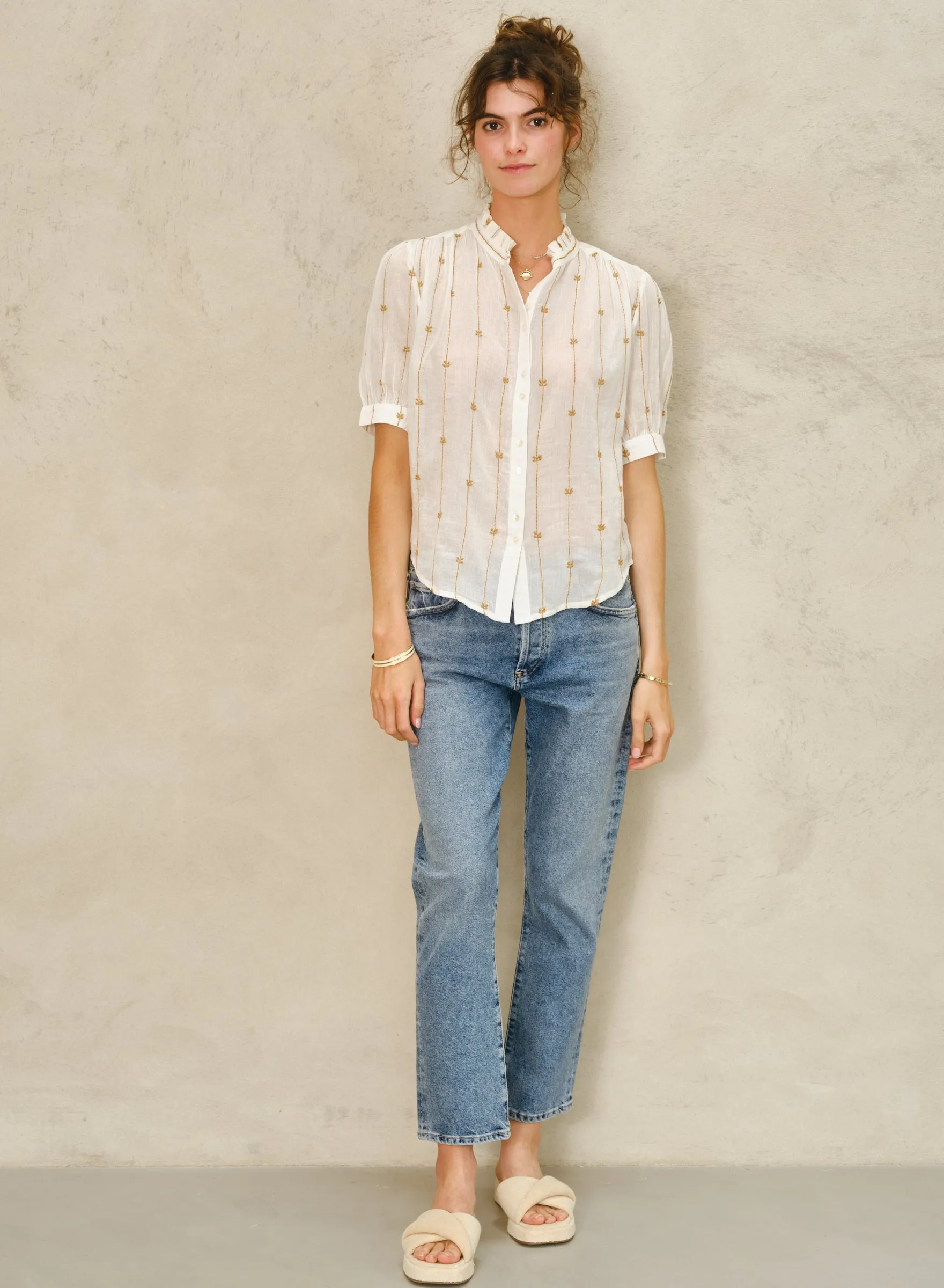 Dacy Emb Top - Ecru/Mustard