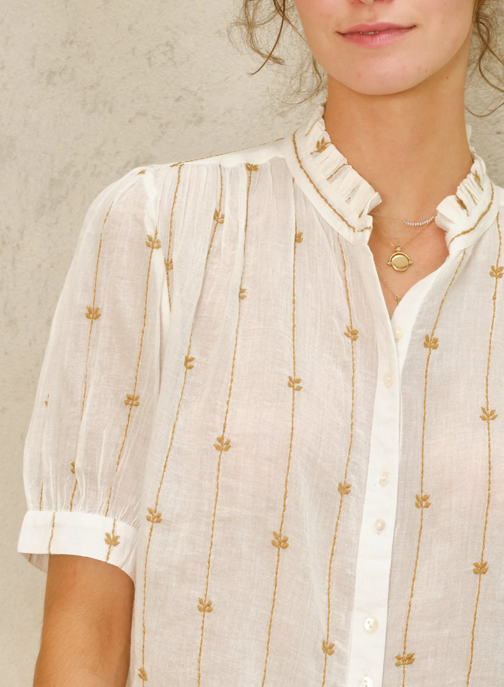 Dacy Emb Top - Ecru/Mustard