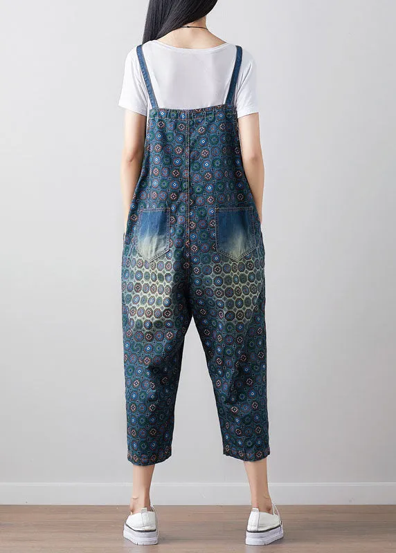 Dark blue printed Loose denim jumpsuit spring