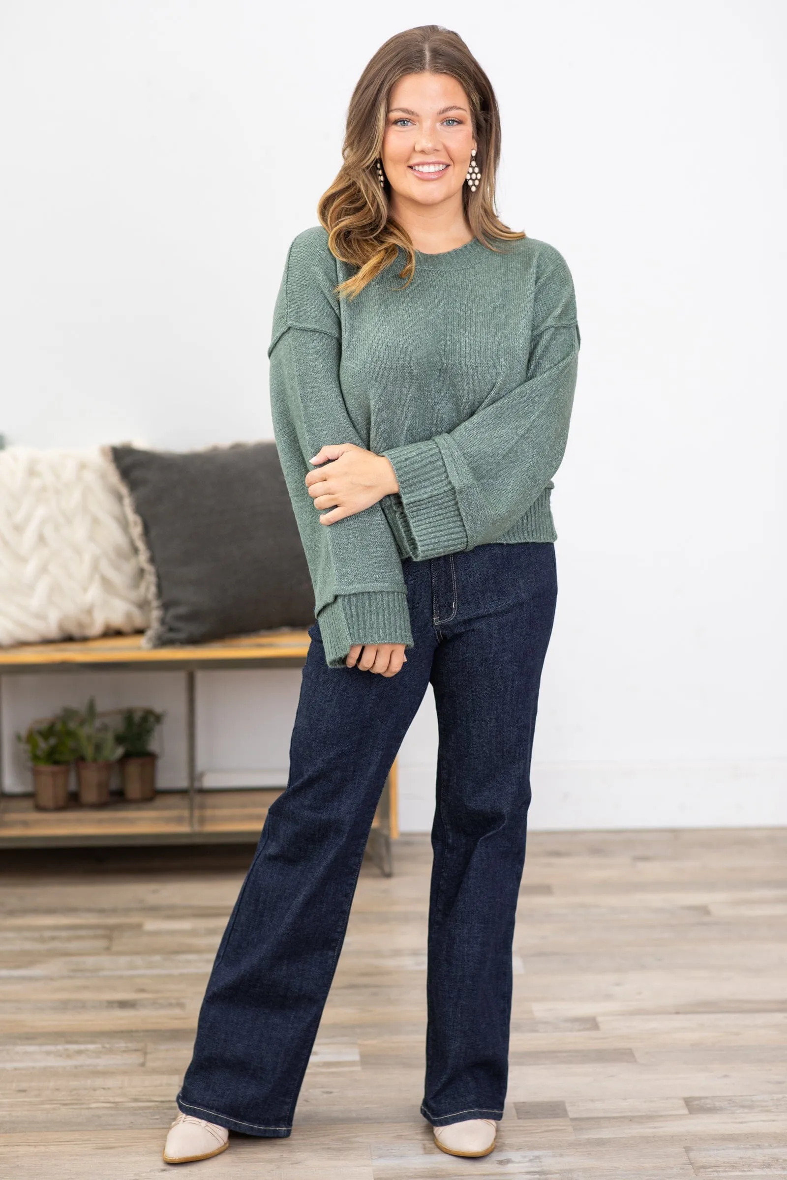 Dark Sage Ribbed Trim Crew Neck Sweater