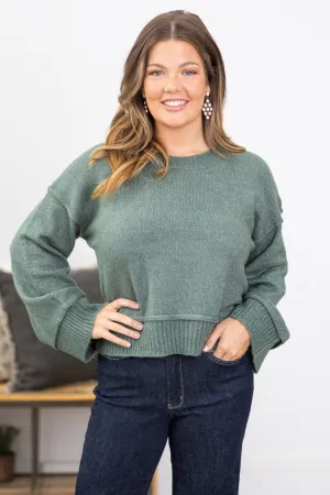 Dark Sage Ribbed Trim Crew Neck Sweater