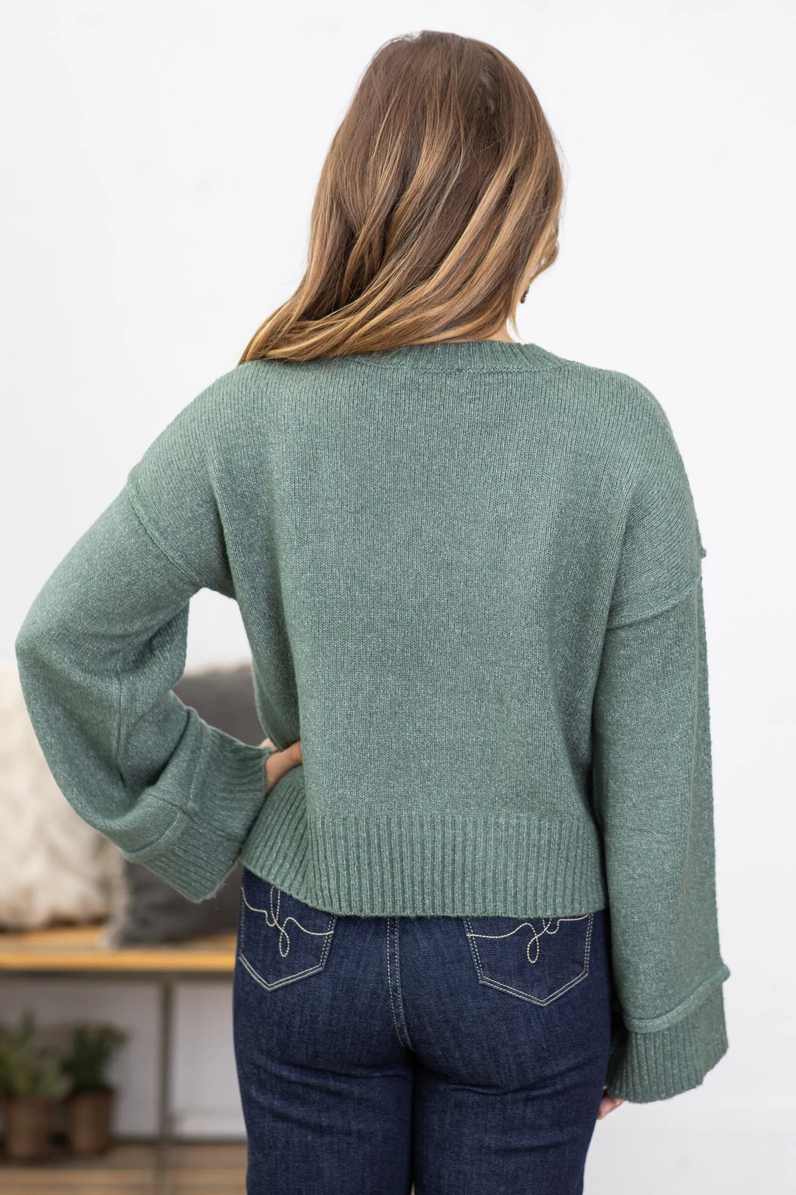 Dark Sage Ribbed Trim Crew Neck Sweater