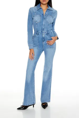 Denim Bootcut Zip-Up Jumpsuit - Mid Blue