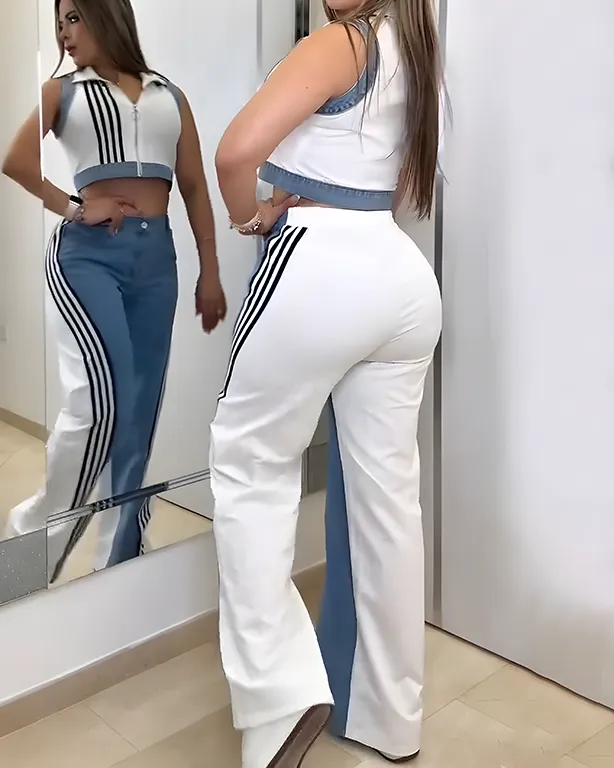 Denim Contrast Sleeveless Wide-Leg Pants 2-Piece Set
